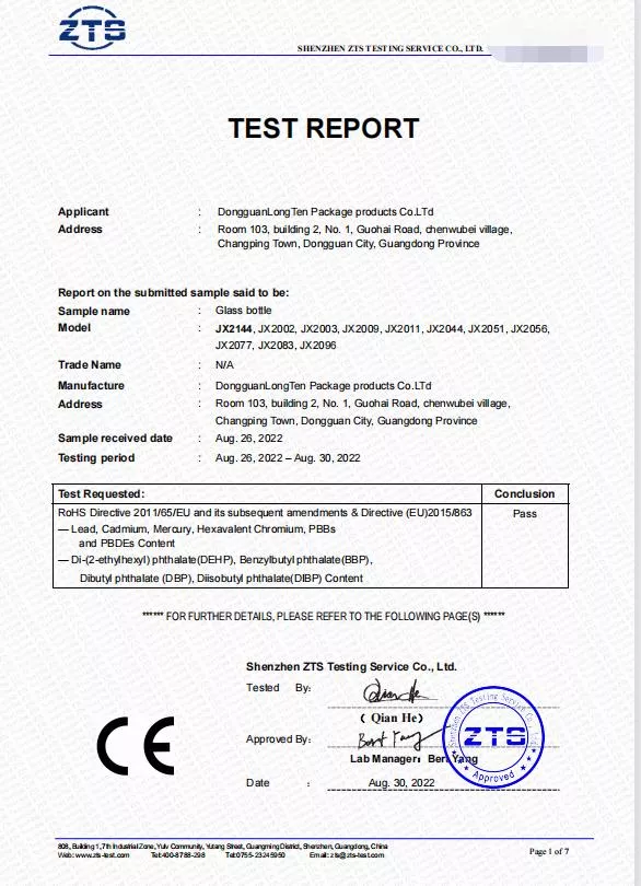 test report glass bottle
